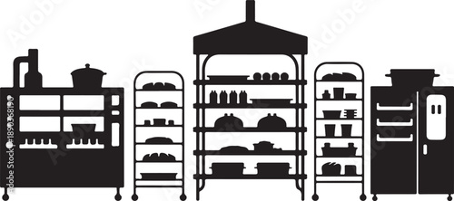 Silhouette of kitchen shelves filled with food items