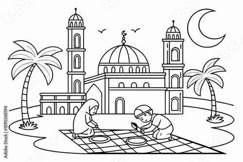 Mosque courtyard with children playing, Ramadan theme, simple line art, black and white coloring page, clean outlines
