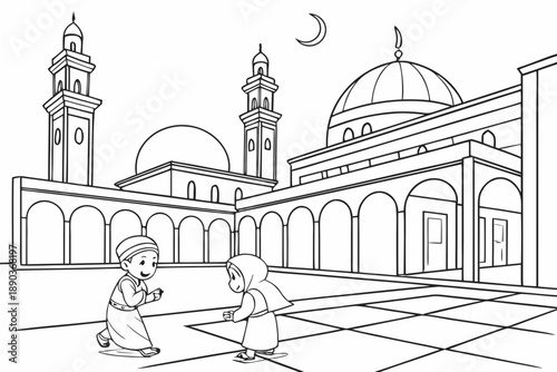 Mosque courtyard with children playing, Ramadan theme, simple line art, black and white coloring page, clean outlines
