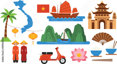 Vietnam travel landmark vector set with map, traditional boat, pagoda, lanterns, scooter and cultural symbols illustration