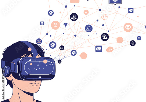 Immersive Virtual Reality Experience: Man Using VR Headset with Digital Connections