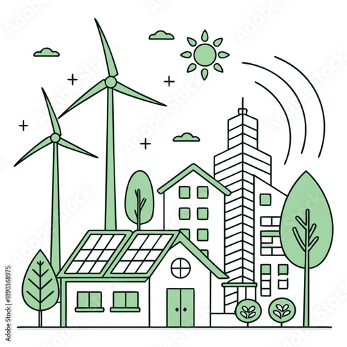 Eco-friendly neighbourhood with renewable energy sources and green architecture