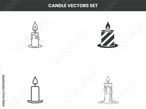 Collection of four candle vector graphics, including a striped candle, a simple outline candle, and a melting candle