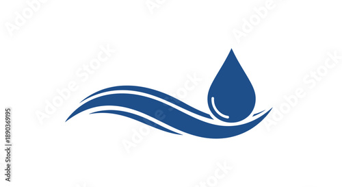A stylized blue water drop falling onto a wavy blue line, symbolizing purity and flow.
