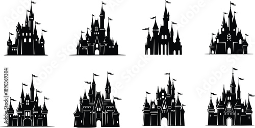 Medieval Castle Silhouette Vector Illustration Set, Fantasy Fortress Palace Graphics, Kingdom Stronghold Outline Icons for Enchanted Storybook Design Project Template