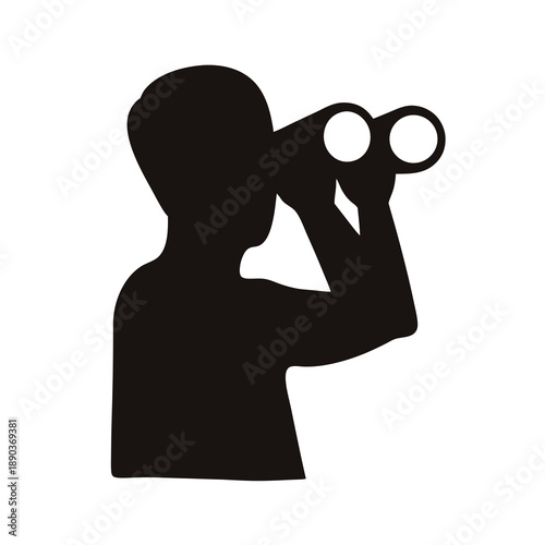 Silhouette of person looking through binoculars against a plain white background