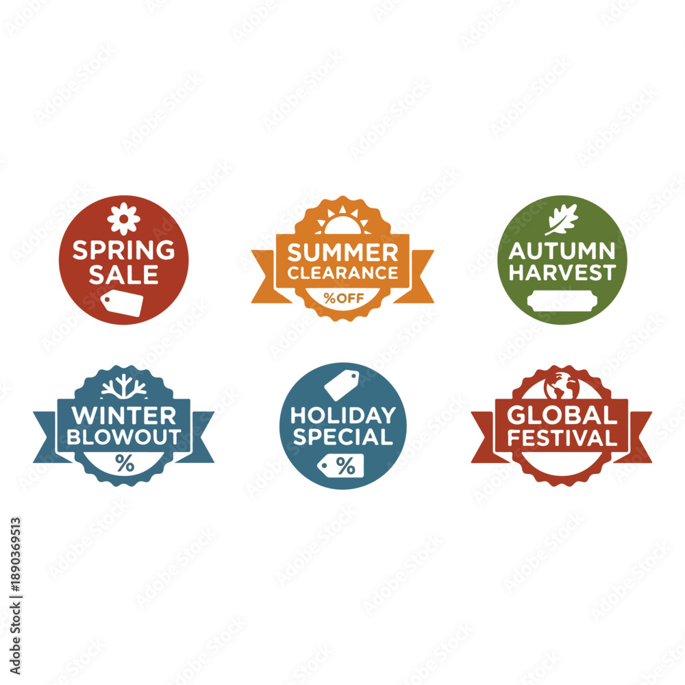Obraz premium Collection of colorful seasonal sale badges for spring, summer, autumn, and winter events.