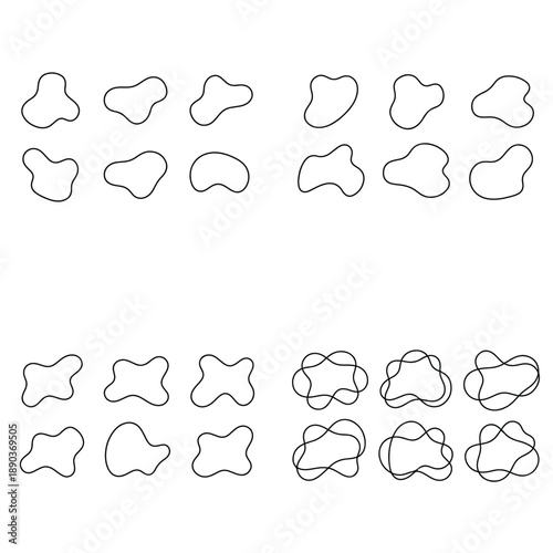 Collection of minimalist abstract organic blob shapes and liquid drop line art silhouettes.