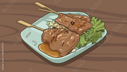 A beautifully plated Thai dish featuring grilled meat skewers glazed with a savory-sweet sauce, accompanied by shredded vegetables and fresh leafy greens. Presented on a light blue rectangular plate a