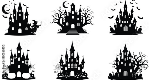 Halloween Haunted Castle Silhouette Collection, Spooky Gothic Mansion with Pumpkins Bats and Witches, Scary Dark Palace Vector Illustration Design Elements