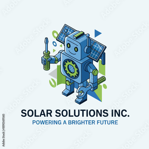 Blue Robot Cartoon Character With Solar Panel.