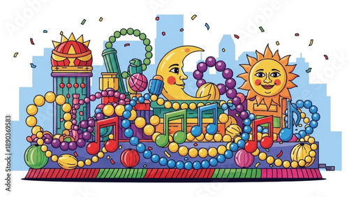 Mardi Gras parade float with sun and moon characters decorated with beads and musical notes celebrating carnival and festive events