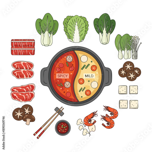 Spicy and Mild Asian Style Hot Pot Ingredients