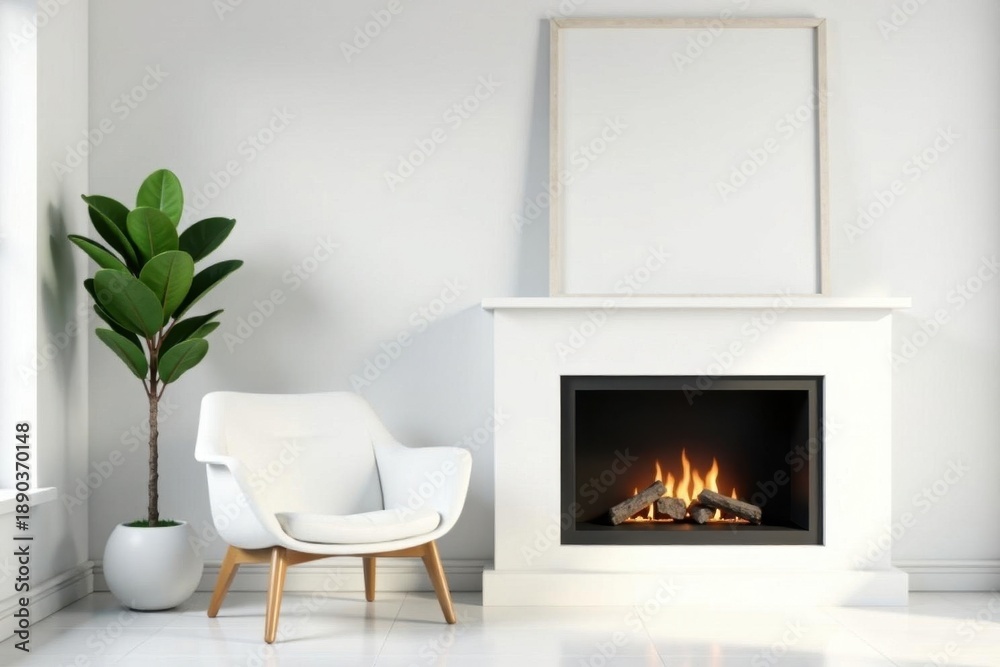 Fototapeta premium Modern white living room, fireplace, empty frame, minimalist chair, green plant , art, decor
