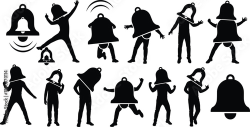 Bell costume silhouettes, dancing figures, motion art, creative bell shapes, ringing movement, abstract celebration, sound theme, whimsical illustration