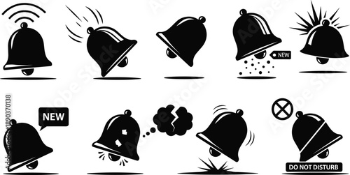 Bell icon silhouettes, notification states, alert symbols, ringing and muted designs, black illustration, UI concept, expressive status icons