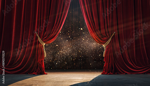Red Curtains Opening on a Shimmering Stage　華やかに幕が開いた赤いカーテンのステージ　デジタルイラスト