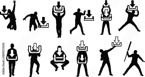 Download icon silhouette set, human interaction poses, digital content concept, black illustration, expressive motion, tech symbol, tray arrow design