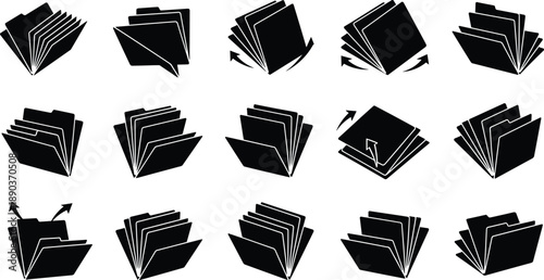 Folder icon silhouettes, file management symbols, document interaction, black illustration, digital organization, UI concept, system design elements