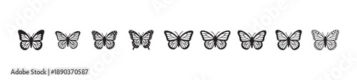 Group of eleven simple black butterfly shapes arranged on a straight line for easy application