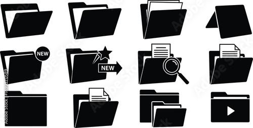 Folder icon set, digital interface symbols, file management, UI elements, document status, media folder, search folder, new files
