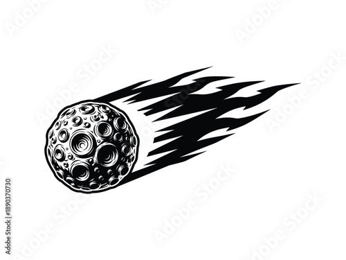 Black and white illustration of a comet with a fiery tail, streaking through space, symbolizing speed and impact.