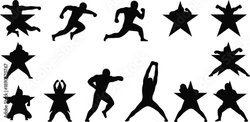 Silhouette action poses, star background, athletic movement, dynamic figures, fitness theme, dramatic contrast, sports illustration, hero concept, motion design