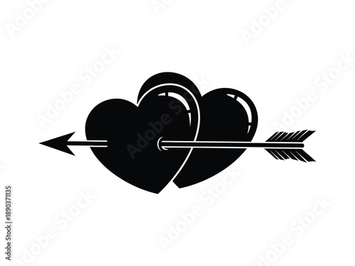 Black silhouette of two hearts pierced by an arrow