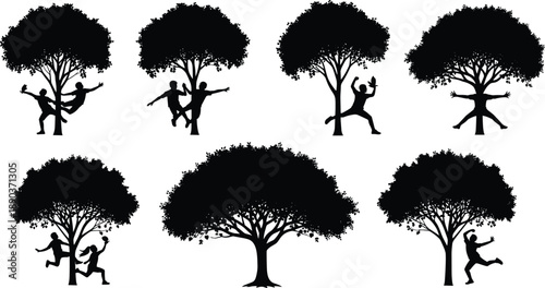 Tree and human silhouette set, playful nature interaction, artistic foliage forms, black illustration, expressive poses, environmental harmony concept