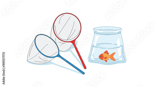 Traditional festival activities including two colorful fish nets and a small goldfish swimming in a plastic bag filled with water.