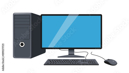 Complete desktop computer workstation setup including a black tower case a widescreen monitor a keyboard and a wired mouse.