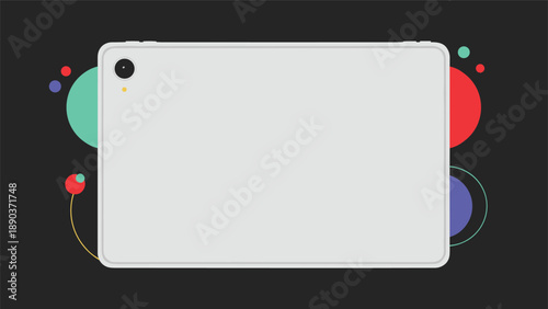 Simple rear view of a tablet device showing the camera lens and a grey metallic body against a dark background with colorful circles.