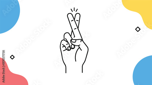 Hand gesture showing crossed fingers for luck and hope surrounded by abstract blue and red shapes on a clean white background design.