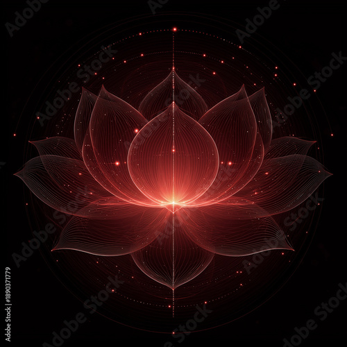 Glowing geometric lotus mandala in red tones representing spiritual awakening and sacred meditation with copy space
