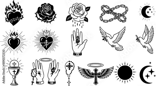 Sacred Heart & Flame Tattoo Flash Vector Set