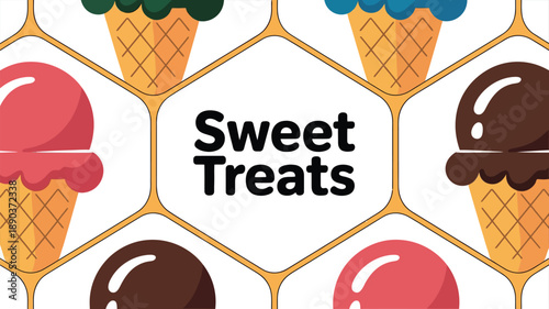 Colorful ice cream cones and scoops in sweet treat display