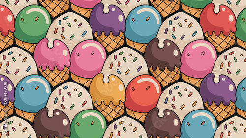 Colorful ice cream cones with sprinkles in waffle cones