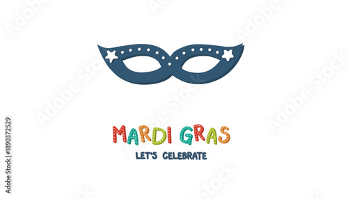 A colorful Mardi Gras mask and logo on a white background