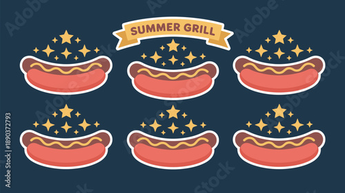 Vibrant hot dog icons with stars and summer grill banner