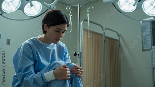 Young Patient in Surgical Gown Feeling Anxious in Operating Room.