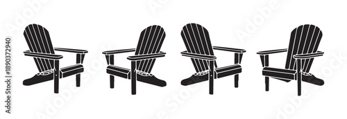 Four adirondack chairs black silhouettes in different angles isolated on a white background vector graphic