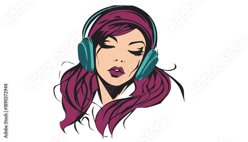 A cartoon woman with purple hair wearing headphones and listening to music