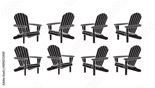 Eight adirondack chairs black silhouettes in different arrangements isolated on a white background vector art