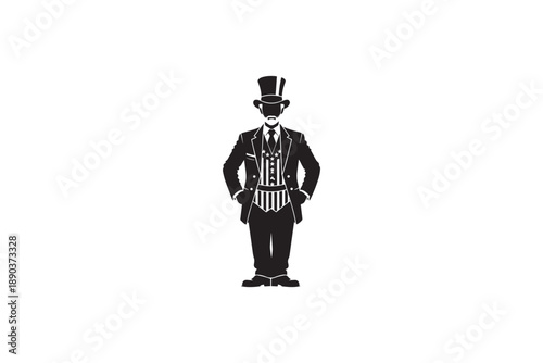 Full body silhouette of a man dressed as uncle sam standing with hands on hips