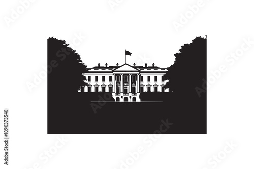 White house silhouette framed by trees with american flag, representing us government