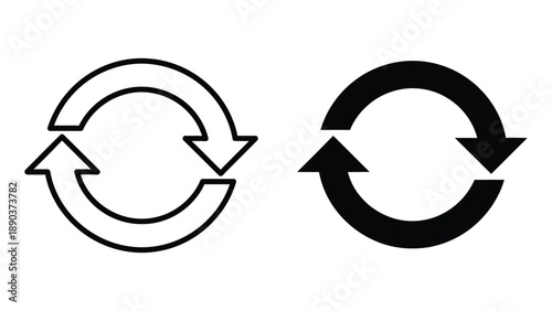 Two distinct recycle or refresh icons showing circular motion with opposing arrows in line and solid styles