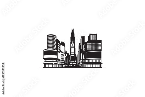Times square new york city skyline silhouette, famous urban cityscape with tall buildings