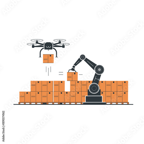 Robotic arm and drone handling packages in a warehouse setting  