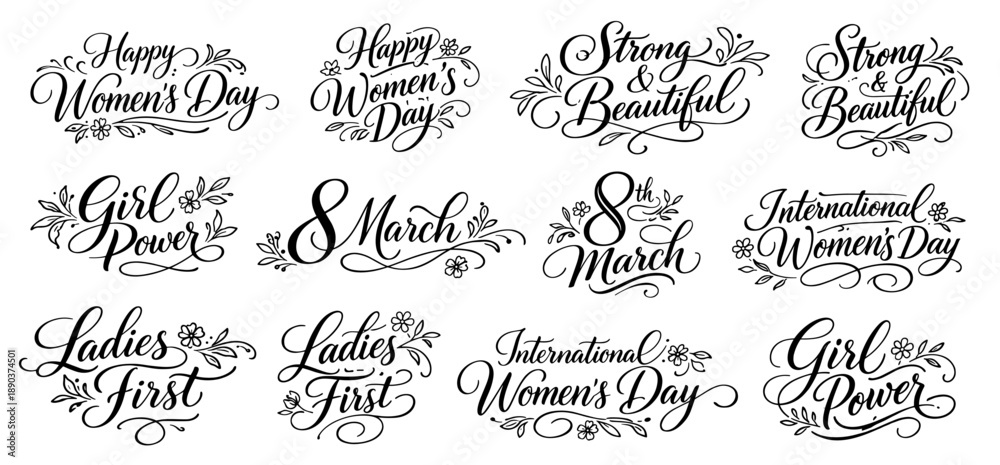 Obraz premium Hand drawn calligraphy lettering collection for international women day. Elegant script typography with floral decorations
