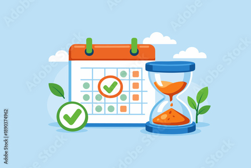 Calendar and hourglass illustration representing time planning and deadlines. Scheduling concept in flat style